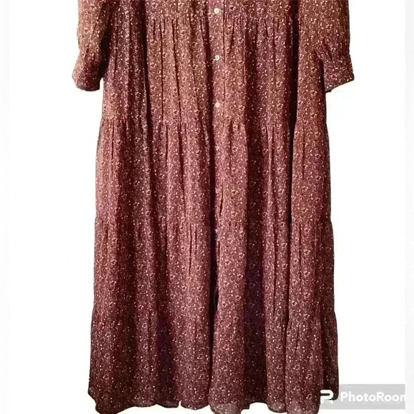 DR2 Collared Long Sleeve Floral  Tiered maxi Shirt Dress Red Wine Sz Medium - Picture 4 of 10